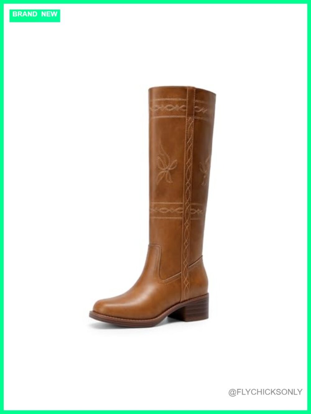 Womens Faux Leather Knee High Boots Square Toe Embroidered Slip On